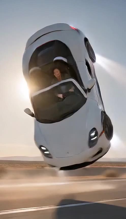 White convertible tipping nose-down into a roll, with the driver visible through the open roof