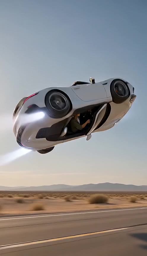 White convertible upside down in mid-air above the desert scrubland
