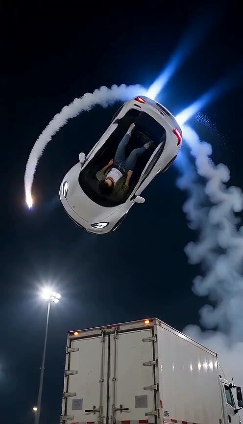 White car rolling sideways above a truck as a smoke ring starts to form