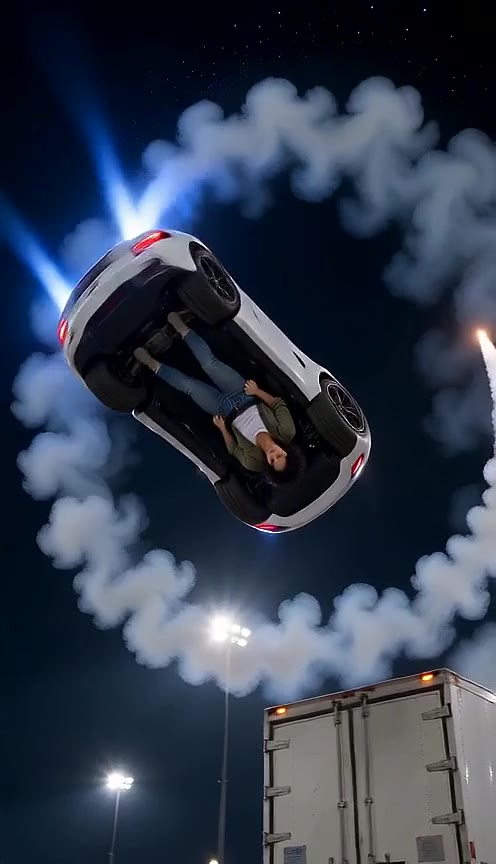 White open-top sports car tilted in mid-air inside a smoke ring, with blue exhaust above a truck at night