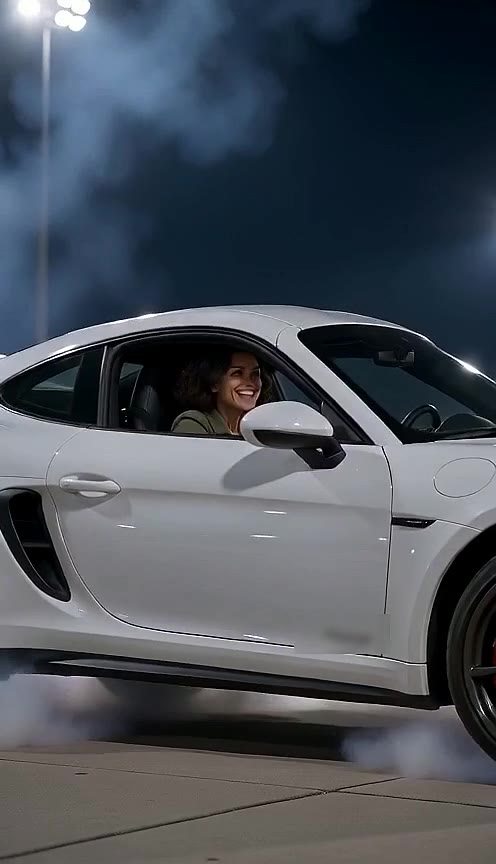 Smiling driver visible through the open window of a white sports car beside tire smoke at night
