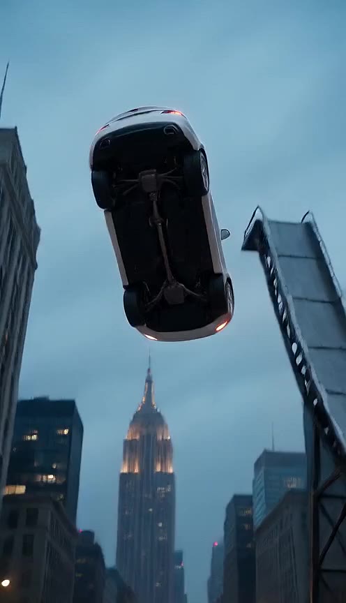 Underside of a silver coupe hanging nose-up beside a tall curved ramp above a wet city street