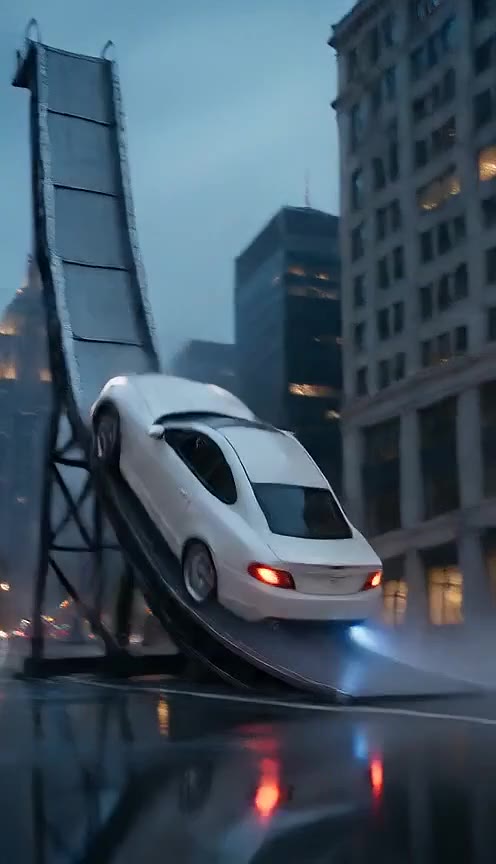 Silver coupe climbing the steep curved ramp on blue exhaust between city towers
