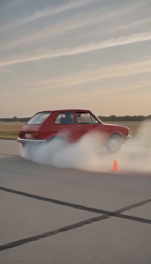 Red hatchback sliding sideways across an empty test strip, white tire smoke pouring from its rear wheels