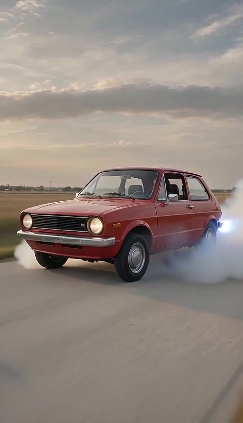 Red hatchback lighting up its rear tires beside orange cones at sunset
