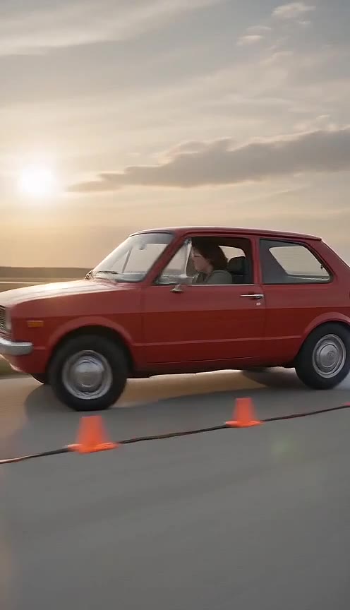 Red hatchback accelerating side-on past a line of orange cones