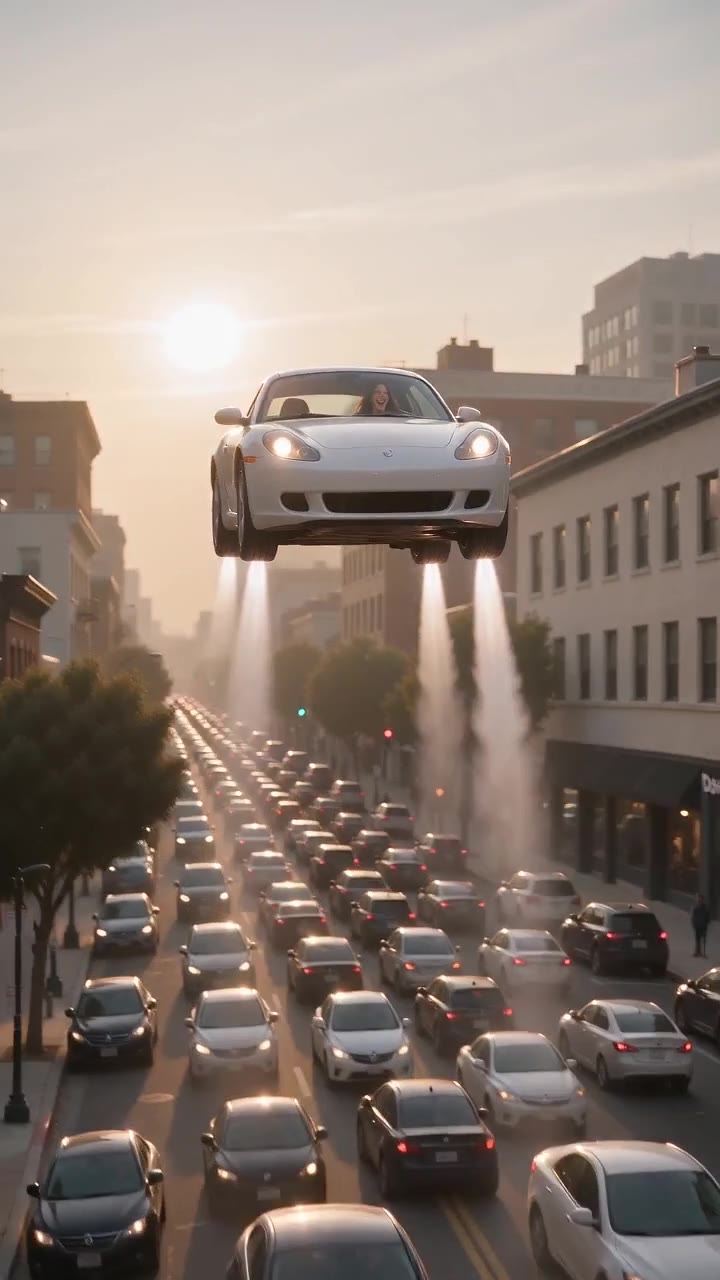 White car hovering above a crowded city street at sunset, with two pale exhaust columns beneath it