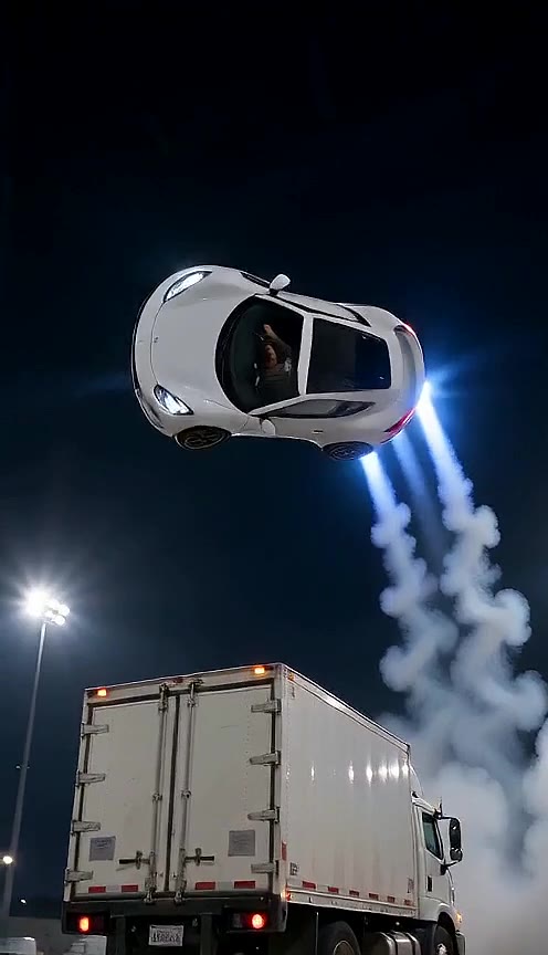 White car tilting forward at the top of its jump above the truck